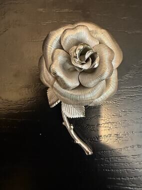 Vintage Silver Tone Rose Flower Brooch Pin Large Floral Statement